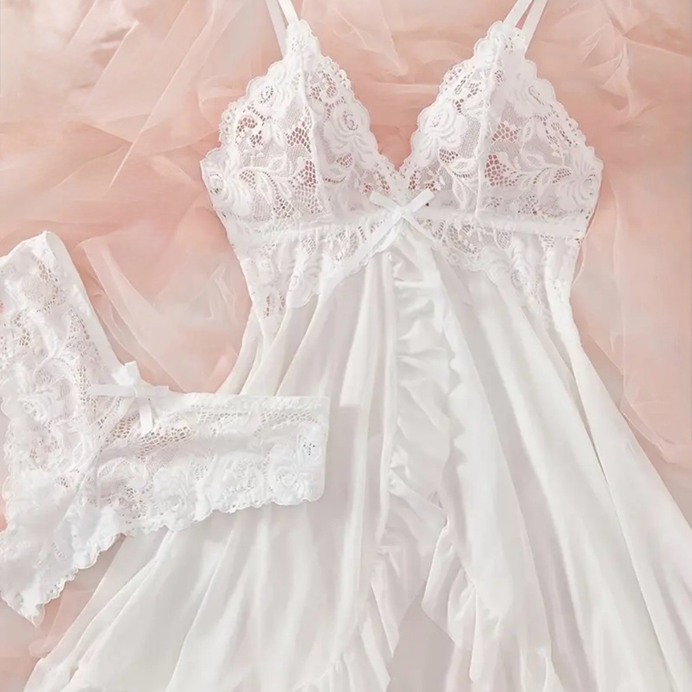 NWT White Lace Babydoll Lingerie Set Ruffle Hem & Matching Panty Size XL - Picture 6 of 11